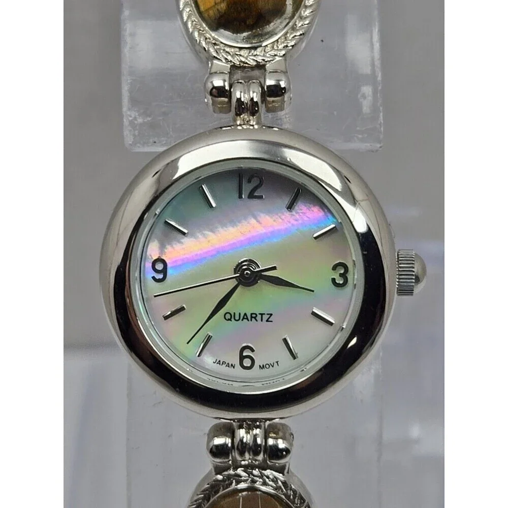 Avon Tigers Eye Cabochon Bracelet Watch Quartz MOP Dial New Battery Steel Back